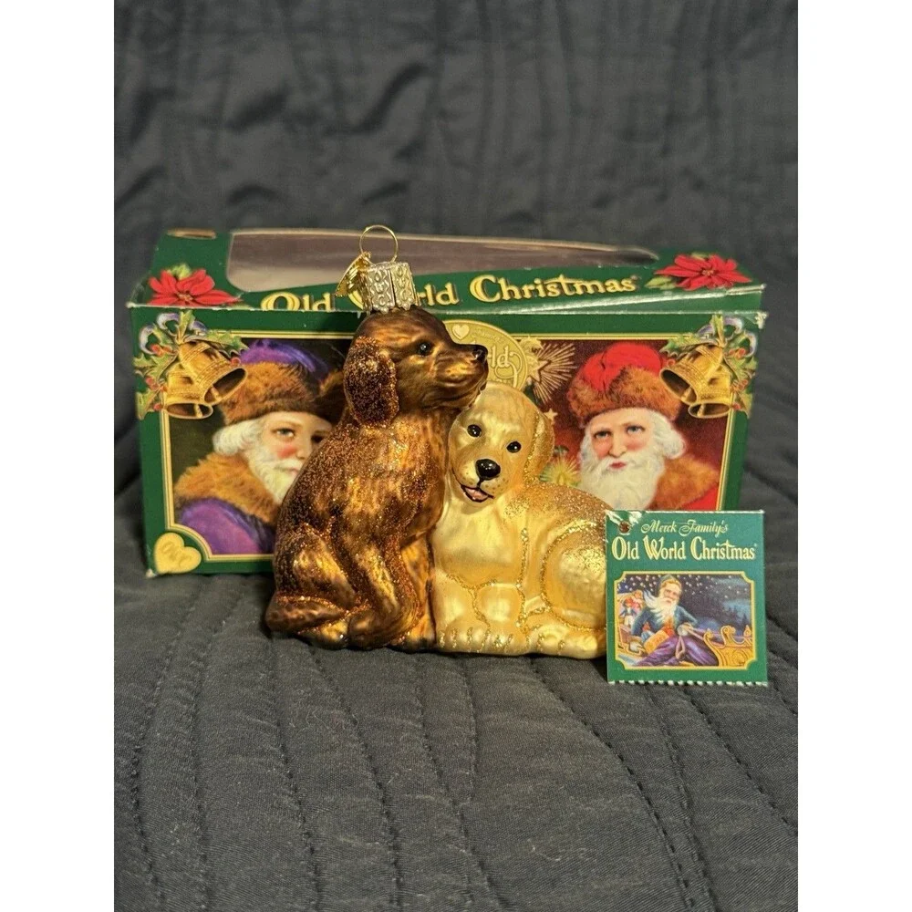 Merck Family Old World Christmas Glass Dog Ornament Brown & Golden w/ Box Bookle